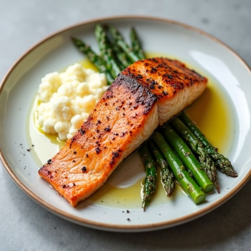 Seared Salmon with Roasted Asparagus and Cauliflower Mash