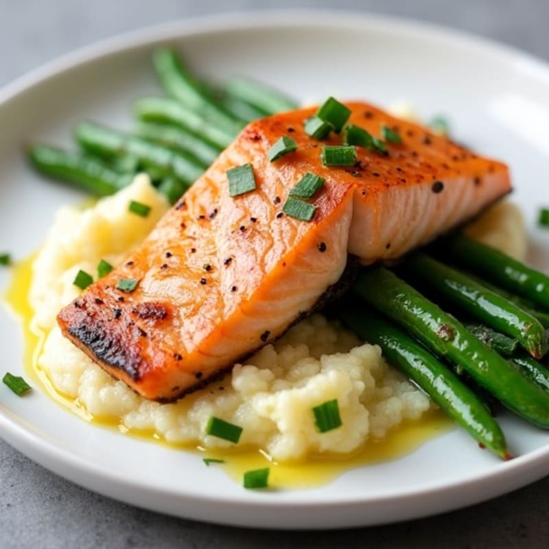 Seared Salmon with Steamed Green Beans and Cauliflower Mash
