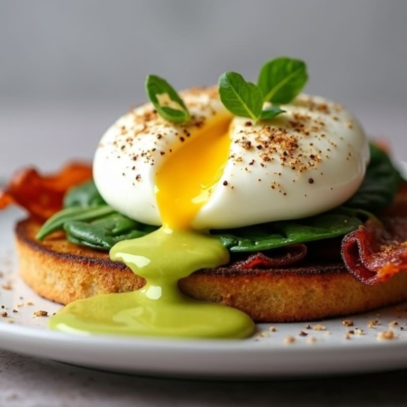 Poached Eggs with Creamy Avocado Sauce and Crispy Turkey Bacon