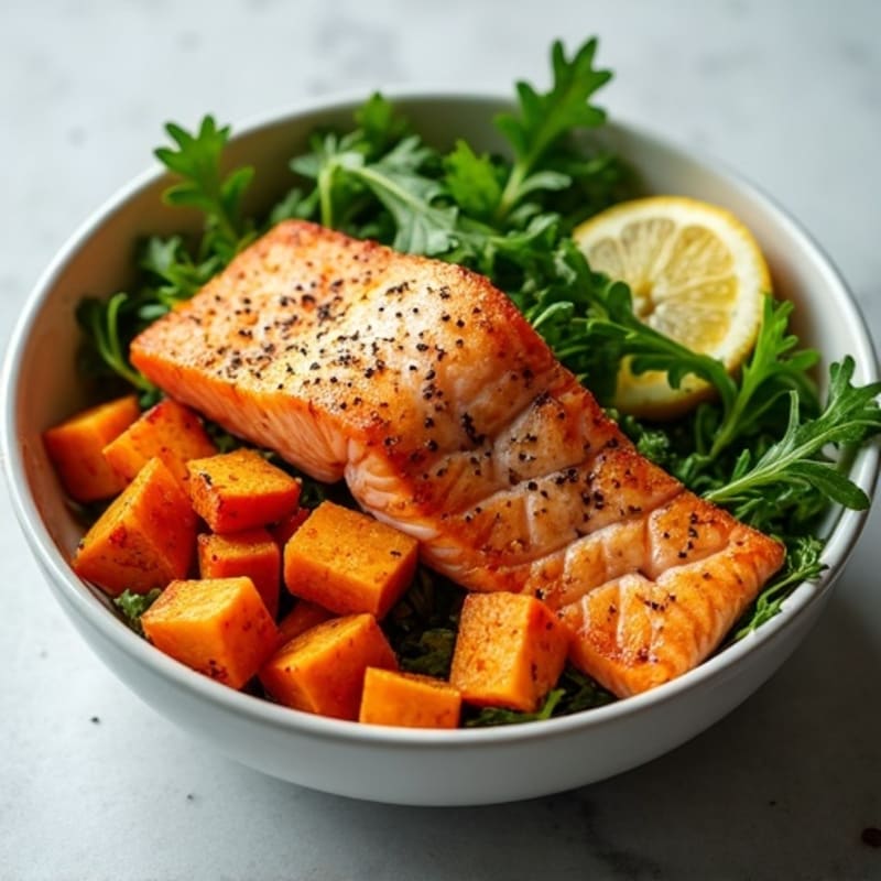 Crispy Salmon with Roasted Sweet Potatoes and Greens Bowl