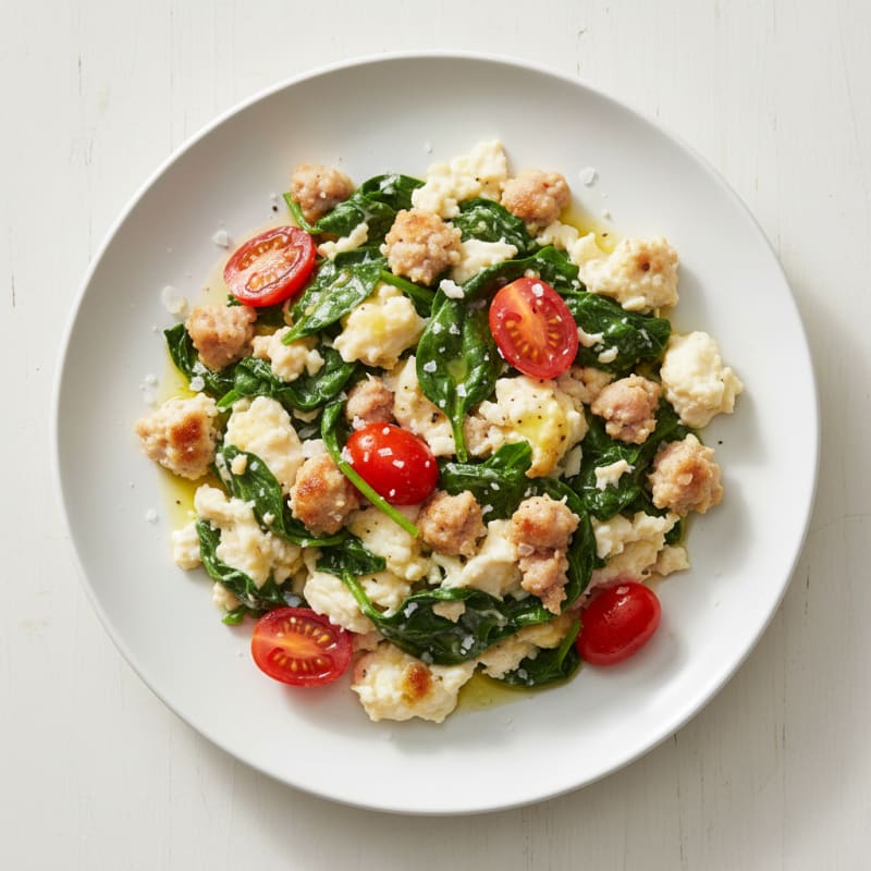 Egg White Scramble with Turkey Sausage and Sautéed Spinach