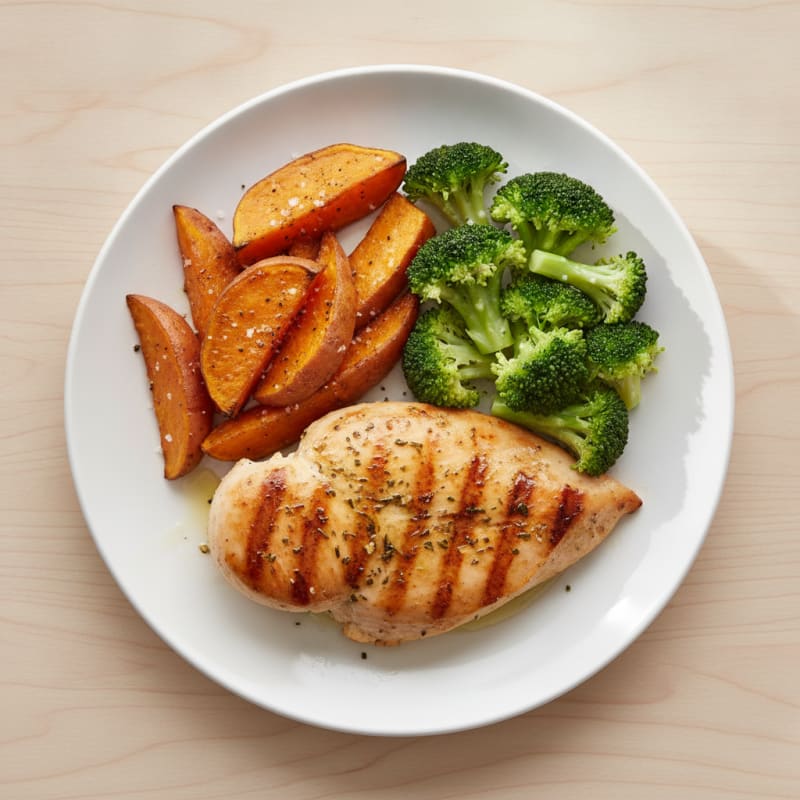 Grilled Chicken Breast with Roasted Sweet Potatoes and Steamed Broccoli