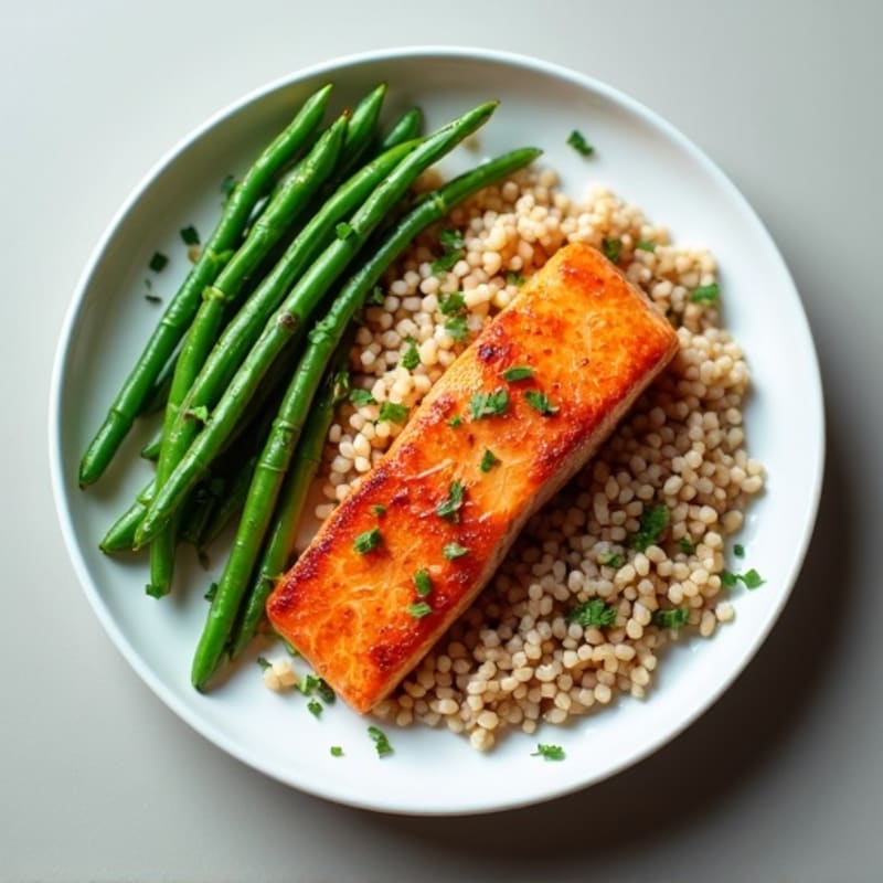 Seared Salmon with Steamed Green Beans and Brown Rice