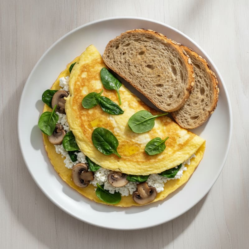 Egg White Spinach Omelette with Cottage Cheese and Sautéed Mushrooms