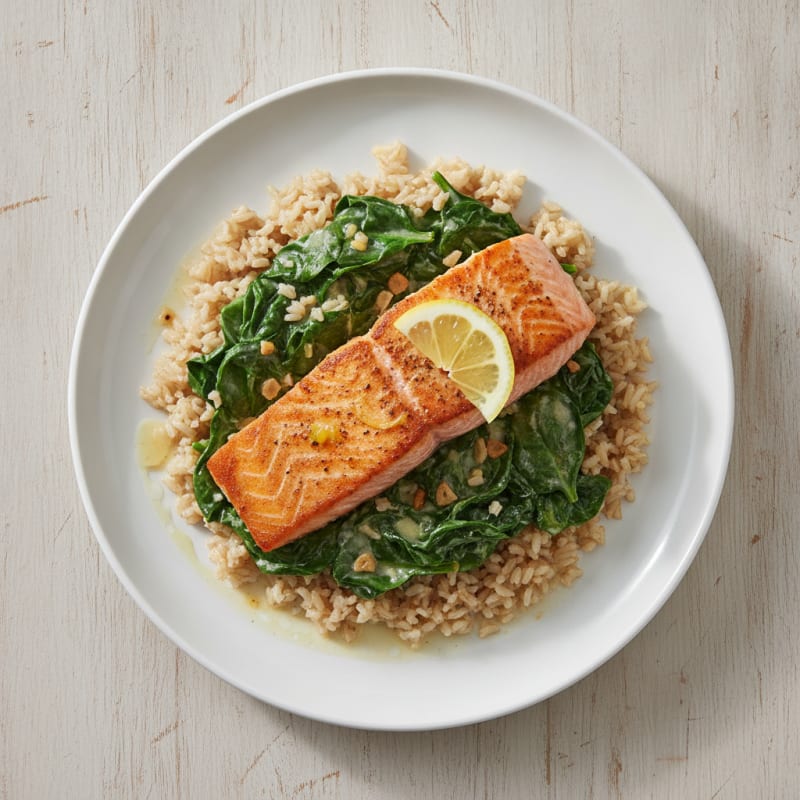 Seared Salmon with Creamy Spinach and Brown Rice
