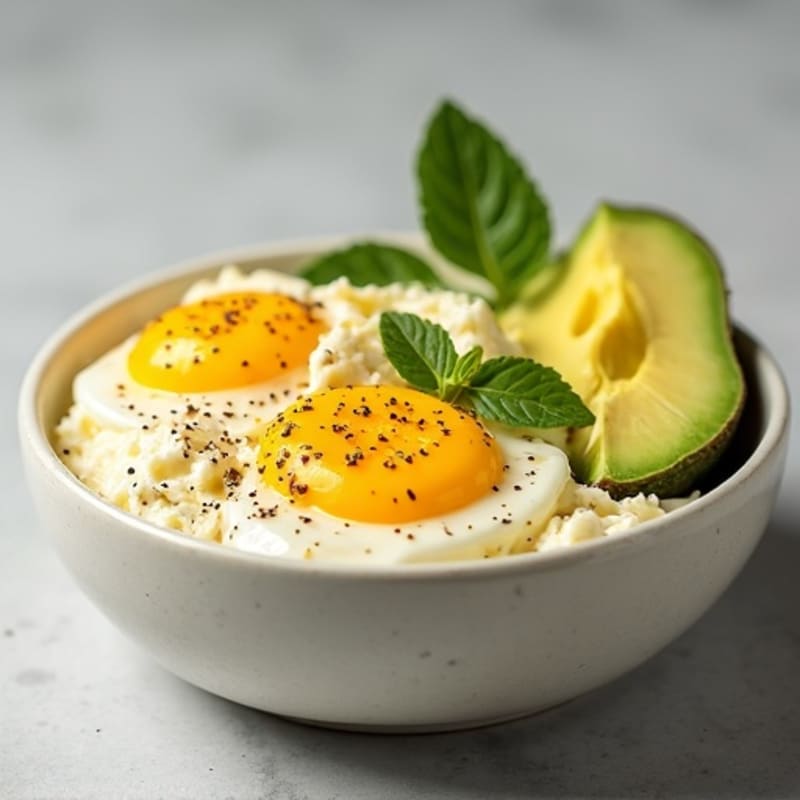 Creamy Cottage Cheese Bowl with Soft Scrambled Eggs and Fresh Avocado