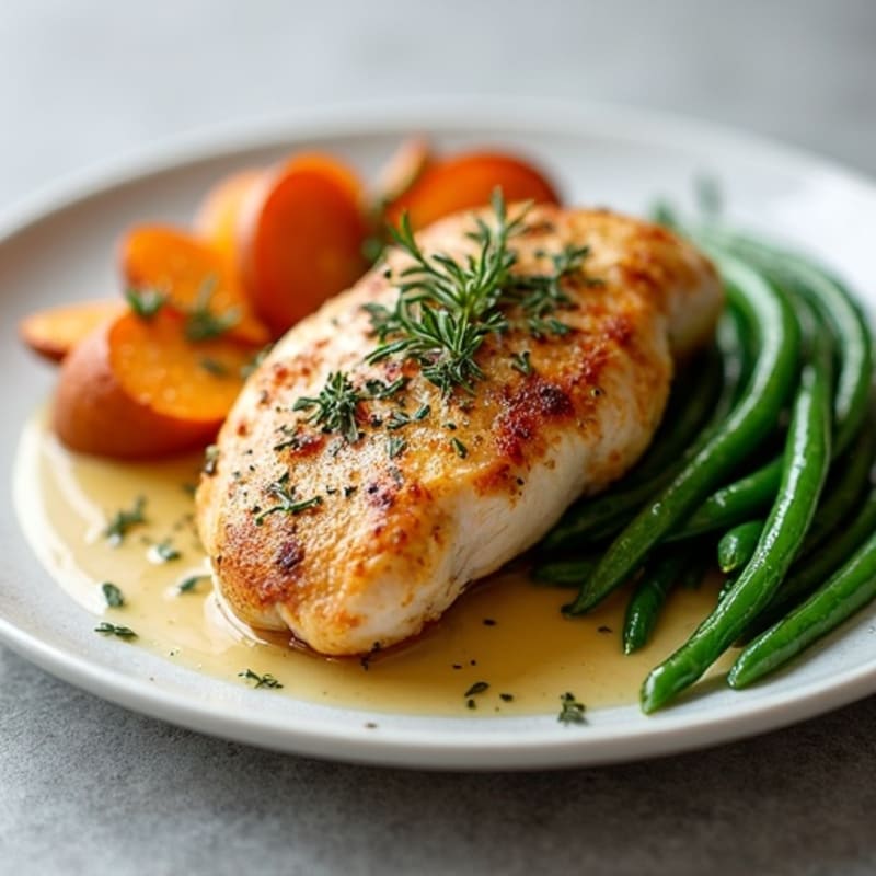 Herb-Roasted Chicken with Crispy Sweet Potatoes and Green Beans