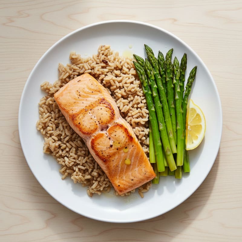 Seared Salmon Fillet with Steamed Asparagus and Brown Rice