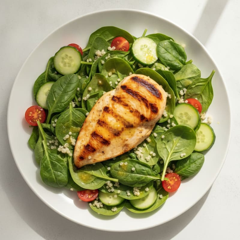 Grilled Chicken Breast with Crisp Spinach Salad and Quinoa