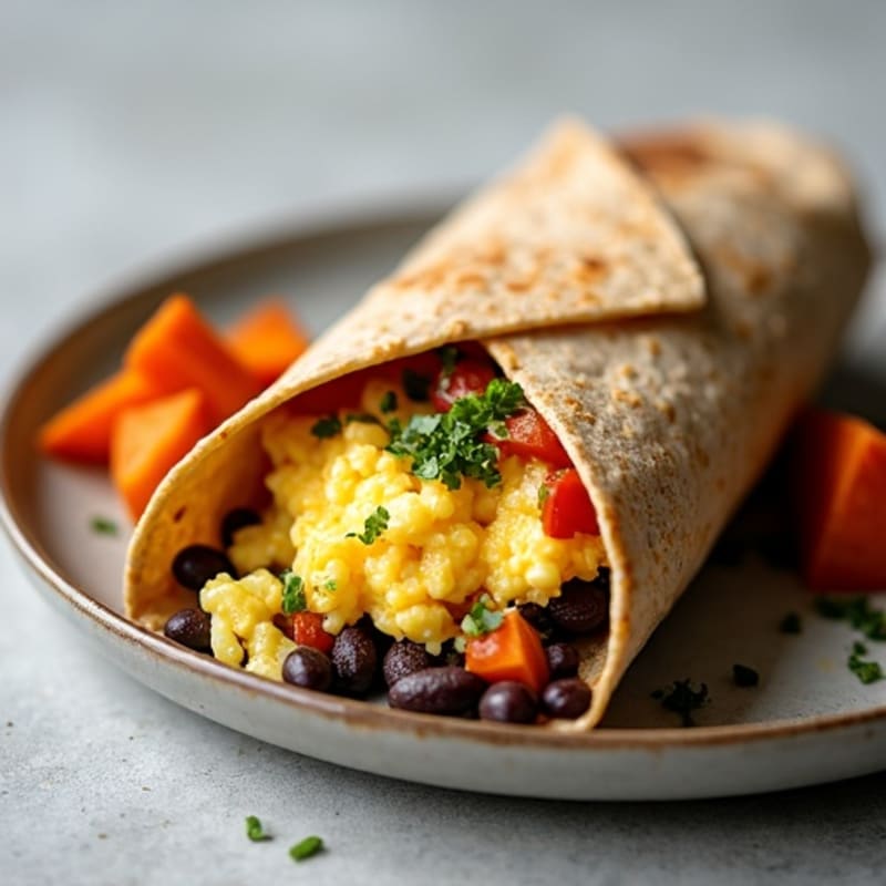 Scrambled Egg and Black Bean Burrito with Roasted Sweet Potatoes