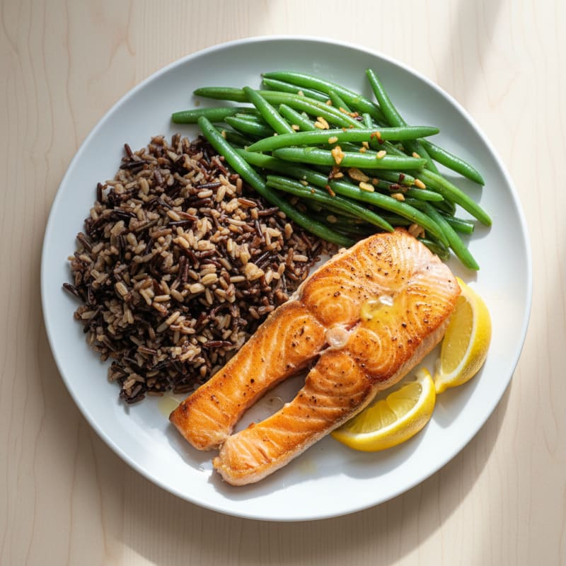 Seared Salmon with Garlic Green Beans and Wild Rice