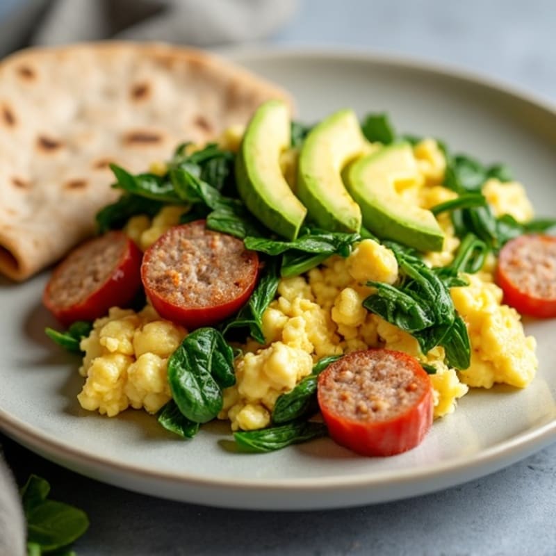 Egg White Spinach Scramble with Turkey Sausage