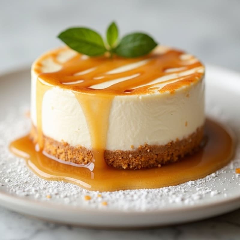 Greek Yogurt Vanilla Bean Cheesecake with Date Caramel Drizzle