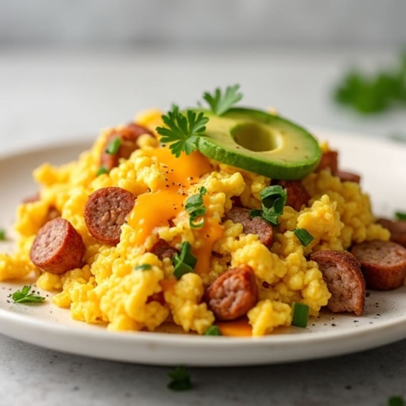 Egg and Turkey Sausage Scramble with Cheddar and Avocado