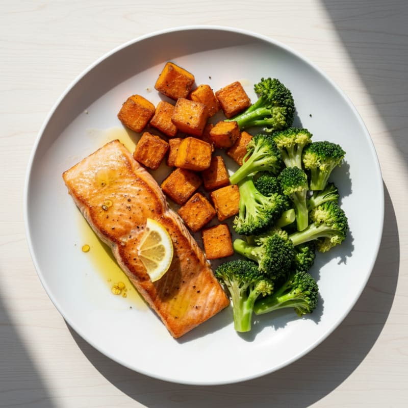 Seared Salmon Fillet with Roasted Sweet Potato and Steamed Broccoli