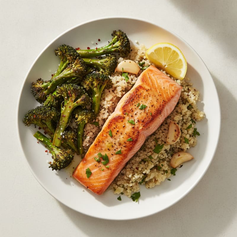 Seared Salmon with Roasted Broccoli and Garlic Quinoa