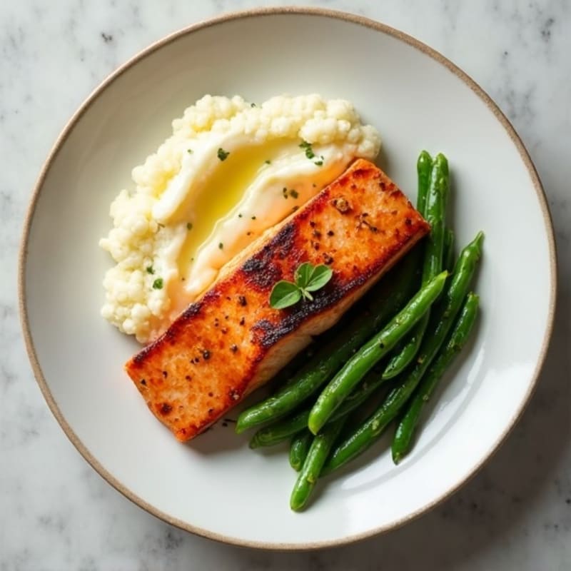 Seared Salmon Fillet with Steamed Green Beans and Cauliflower Mash