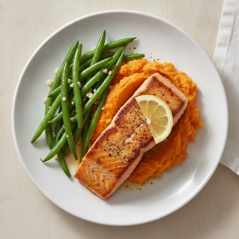 Seared Salmon with Garlic Green Beans and Sweet Potato Mash
