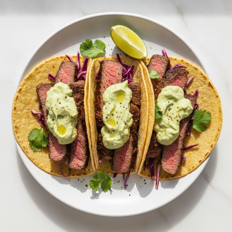 Pan-Seared Steak Tacos with Avocado Crema