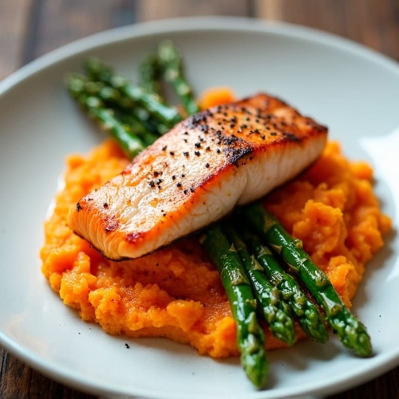Seared Salmon with Roasted Asparagus and Sweet Potato Mash