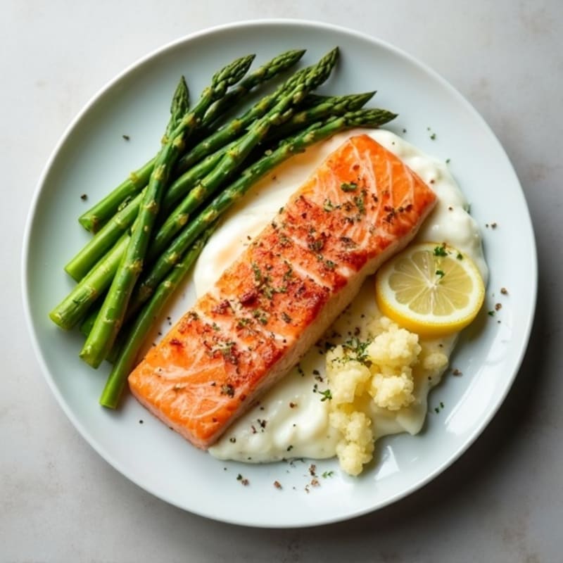 Seared Salmon with Steamed Asparagus and Cauliflower Mash