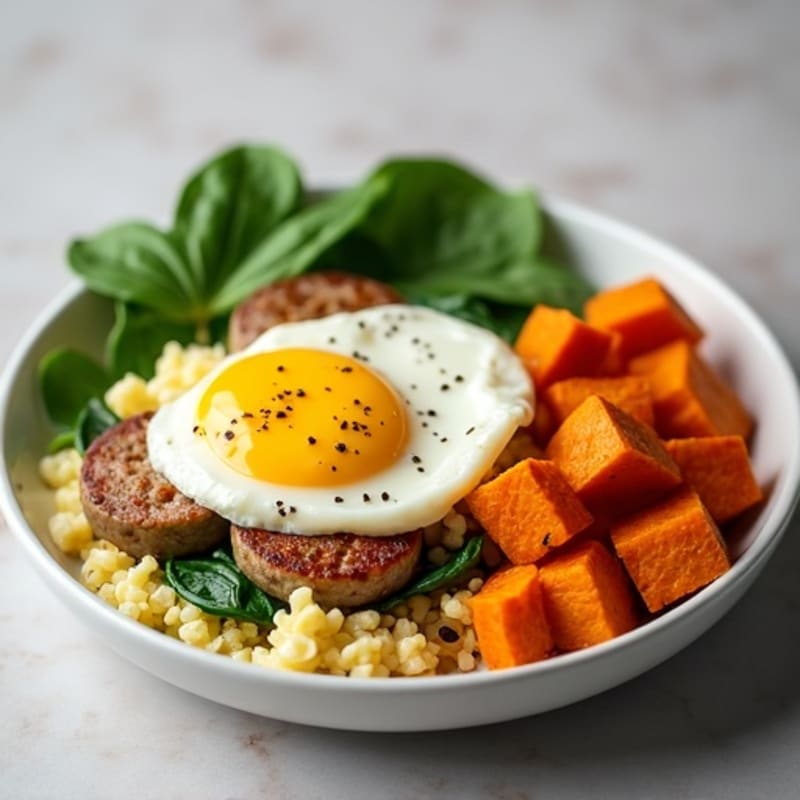 Egg White and Turkey Sausage Scramble with Spinach and Roasted Sweet Potato