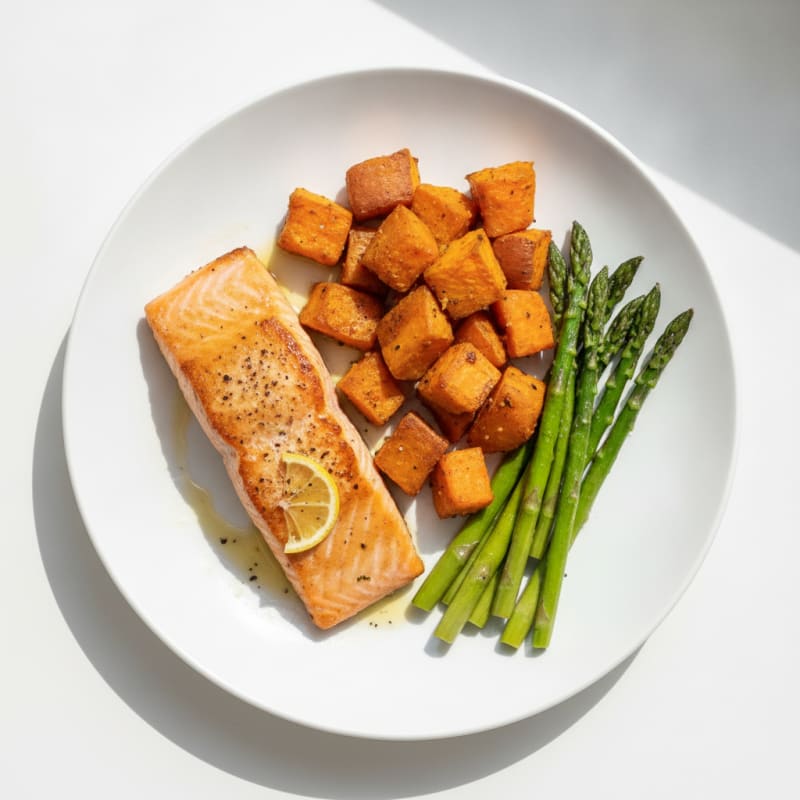 Seared Salmon with Roasted Sweet Potatoes and Asparagus