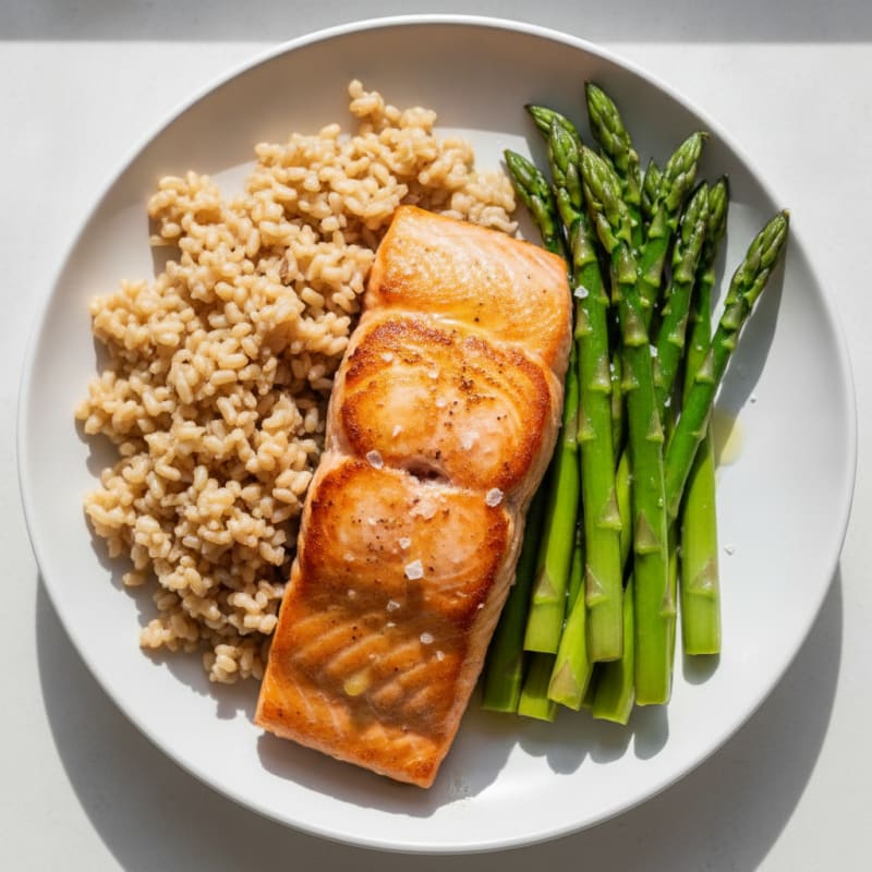 Seared Salmon with Steamed Asparagus and Brown Rice