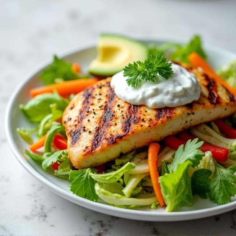 Grilled Chicken Breast with Crunchy Cabbage Slaw and Greek Yogurt Dressing