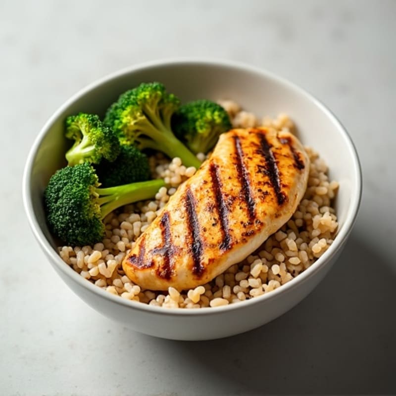 Grilled Chicken Breast and Brown Rice Bowl with Roasted Broccoli