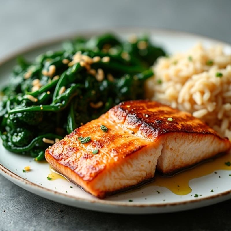 Seared Salmon with Garlic Sautéed Spinach and Brown Rice