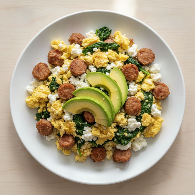 Cottage Cheese Scramble with Turkey Sausage and Spinach