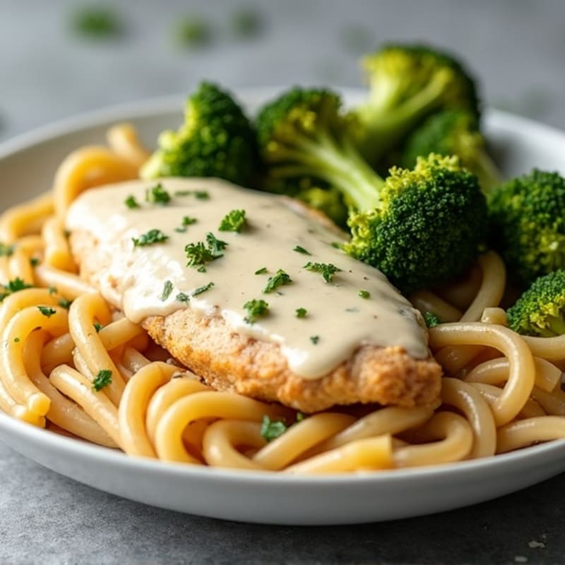 Creamy Parmesan Chicken with Roasted Broccoli and Whole Wheat Pasta
