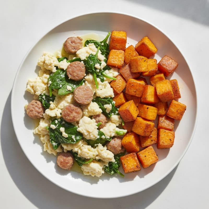 Egg White and Turkey Sausage Scramble with Spinach and Roasted Sweet Potatoes