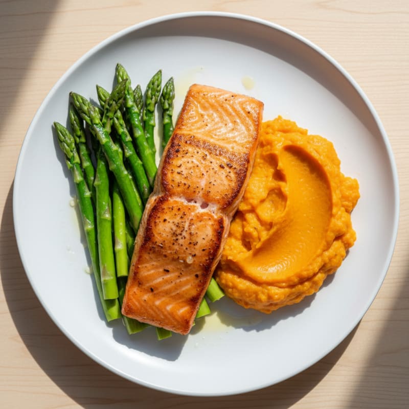 Seared Salmon with Steamed Asparagus and Sweet Potato Mash