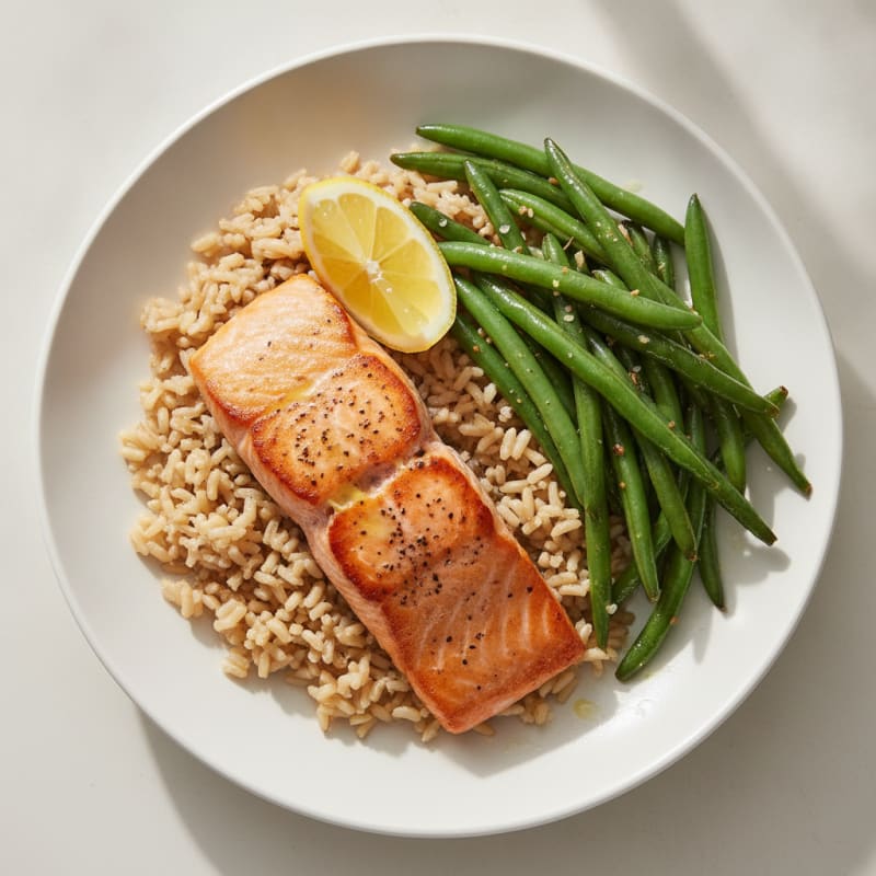 Seared Salmon Fillet with Garlic Green Beans and Brown Rice
