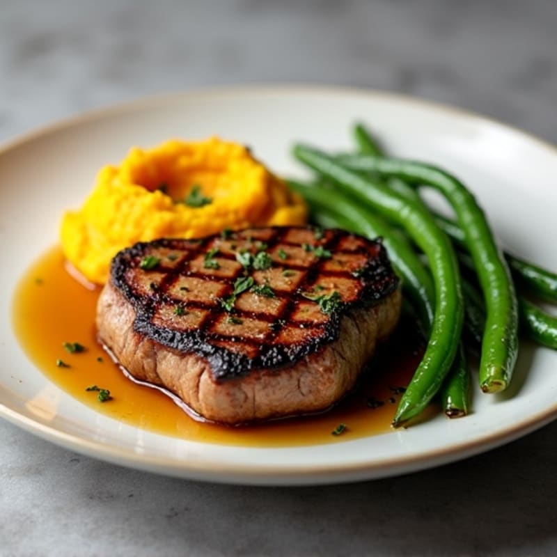 Seared Sirloin Steak with Garlic Green Beans and Mashed Sweet Potatoes