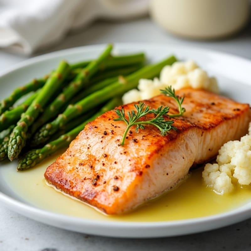 Seared Salmon with Steamed Asparagus and Garlic Mashed Cauliflower