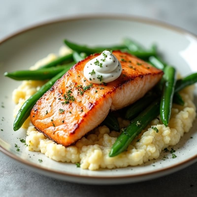 Seared Salmon with Garlic Green Beans and Cauliflower Mash