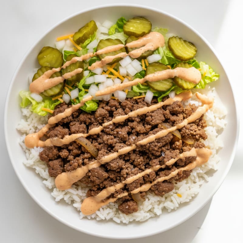 Big Mac Inspired Beef and Rice Bowl