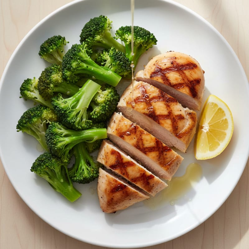 Grilled Chicken Breast with Steamed Broccoli and Lemon