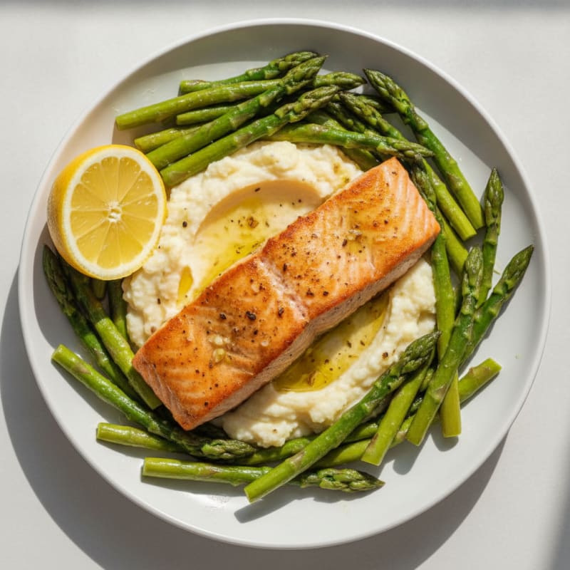 Seared Salmon with Steamed Asparagus and Cauliflower Mash
