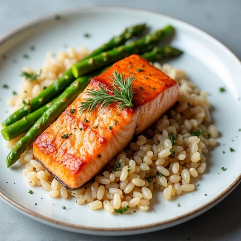 Seared Salmon with Steamed Asparagus and Brown Rice