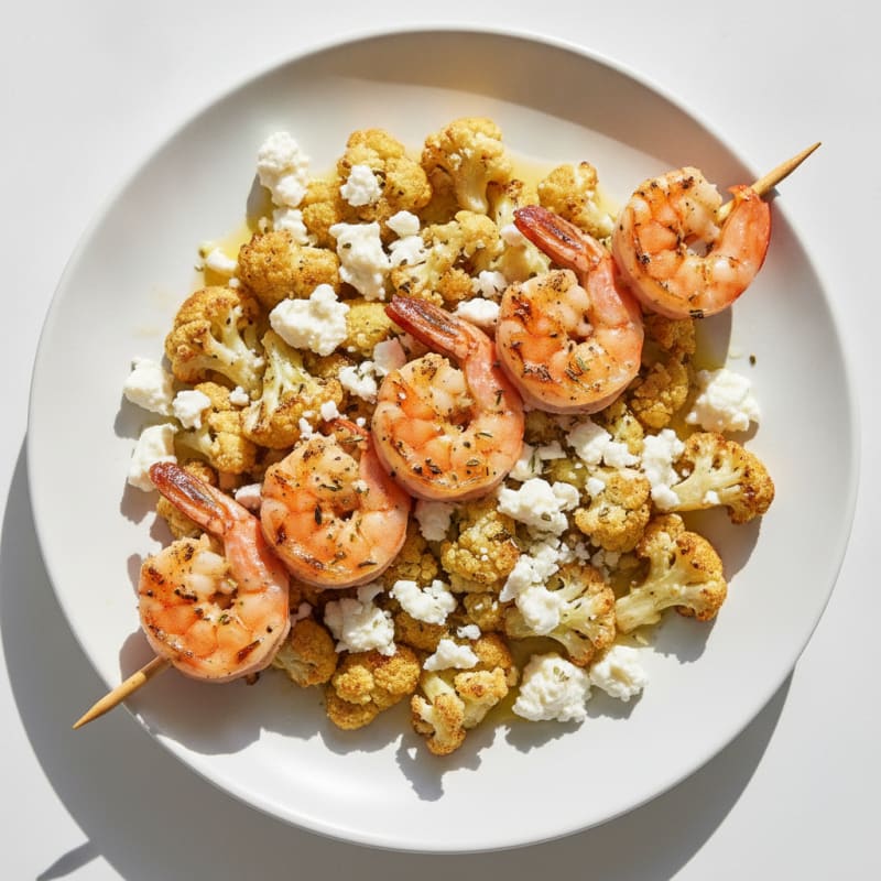 Grilled Shrimp Skewers with Roasted Cauliflower and Feta