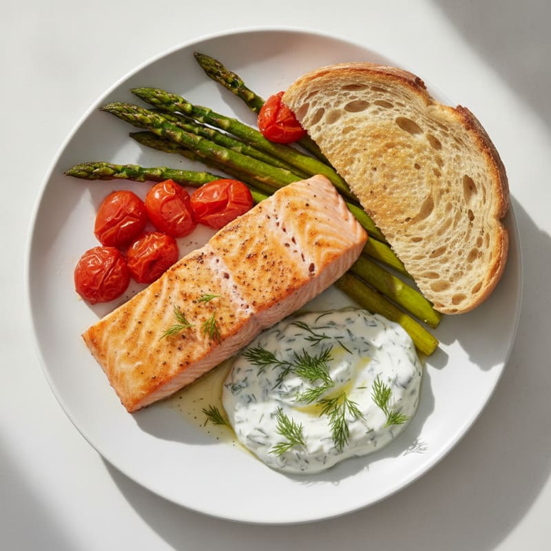 Seared Salmon with Roasted Vegetables and Herb Yogurt Sauce