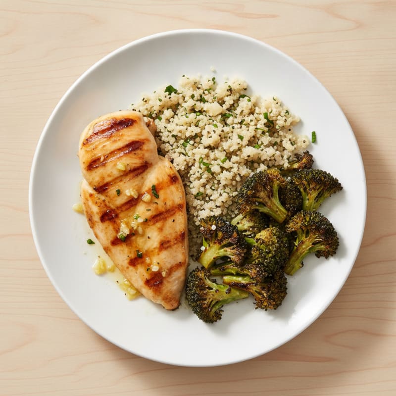 Grilled Lemon Garlic Chicken Breast with Quinoa and Roasted Broccoli