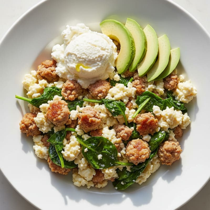 Egg White and Turkey Sausage Scramble with Spinach and Cottage Cheese