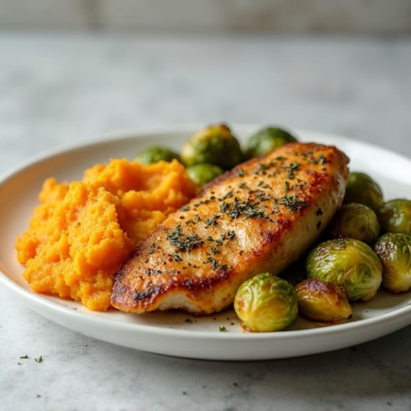 Herb-Roasted Chicken with Crispy Brussels Sprouts and Sweet Potato Mash