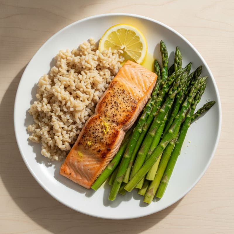 Seared Salmon with Steamed Asparagus and Brown Rice