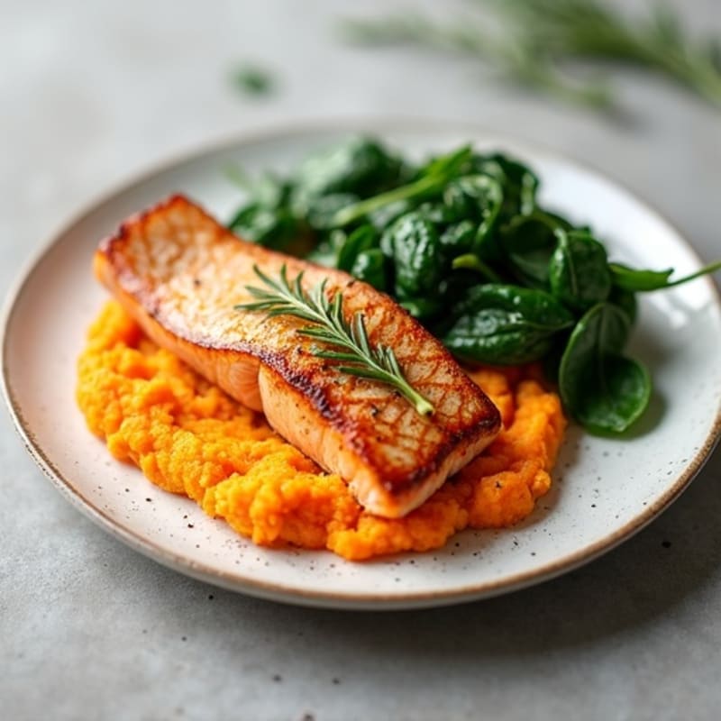 Seared Salmon with Garlic Spinach and Sweet Potato Mash